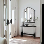 32"x30" Vanity Mirror for Wall, with Black Arched Decorative Metal Frame, Scalloped Entryway Mirror for Bedroom, Bathroom, Living Room