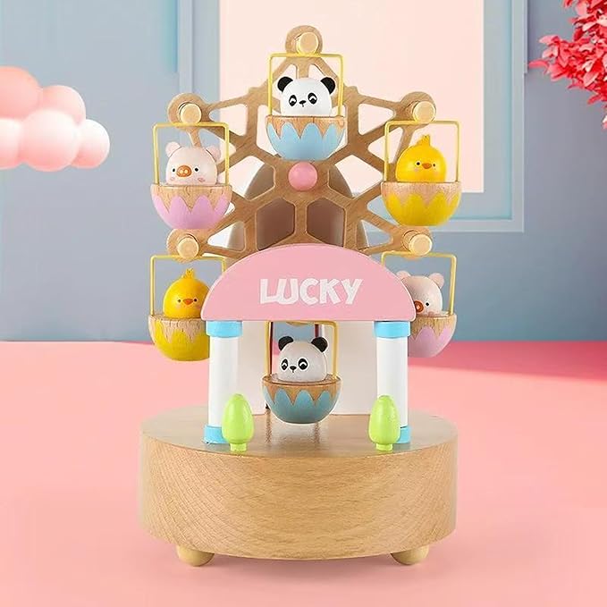 Natural Solid Wood Handcrafted Beech Wooden, Musical FigureTotoro/Carousel/Fairy/Ballerina Figurine,Rotating Hand Crank Mechanism Music Box,Musical Decorations (Colorful Skywheel)