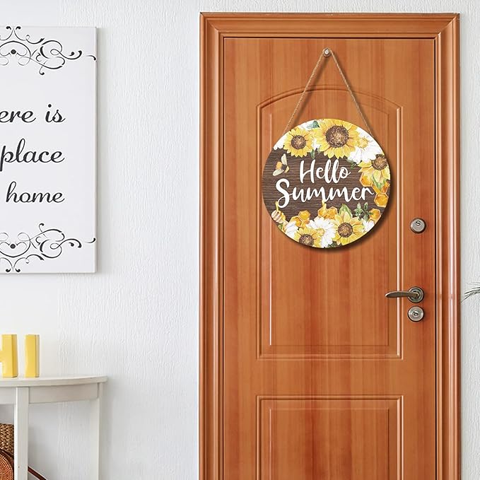 Hello Summer Sign 12 x 12 Inch Summer Themed Sunflower Welcome Sign Front Door Decor Farmhouse Porch Decoration Sunflower Round Wooden Hanging Sign for Home Garden Farmhouse Yard