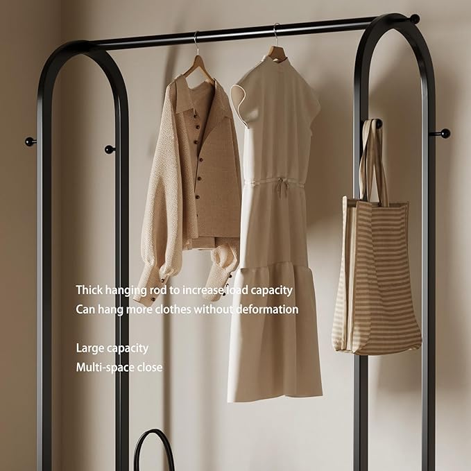 Sturdy metal clothes rack,Black freestanding clothing rack with bottom shelves and 6 side hooks,garment rack for hanging clothes,Modern wardrobe rack for Bedroom or cloakrooms