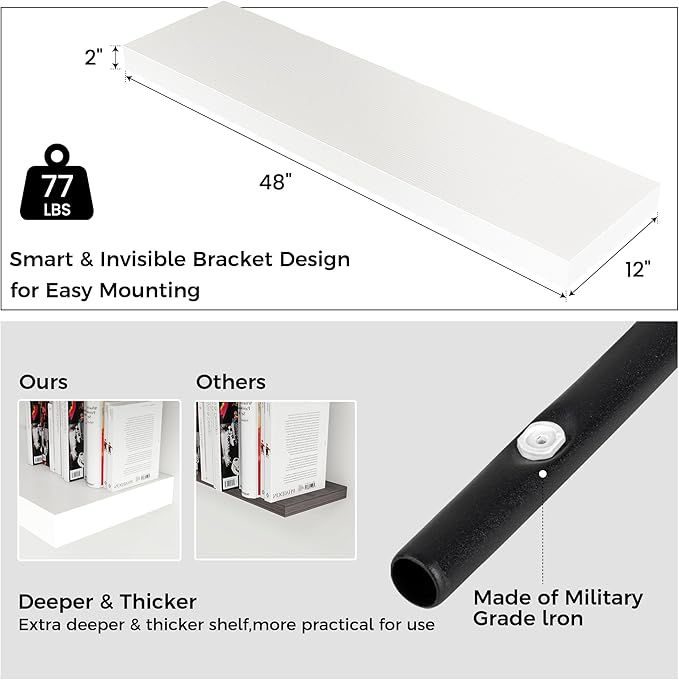 Venusmiles Floating Shelves for Wall, 48 Inch Wide x 12 Inch Deep Floating Shelves, Long Wood Floating Wall Shelf Shelves for Living Room Bathroom Bedroom Kitchen Home - (White, 48" W x 12" D x 2" H)