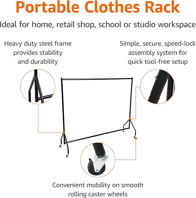 Amazon Basics Heavy Duty Portable Rolling Garment Rack, Hanging Clothes Organizer Rail for Display and Storage, Easy to Assemble, 72 x 60 inches, Black