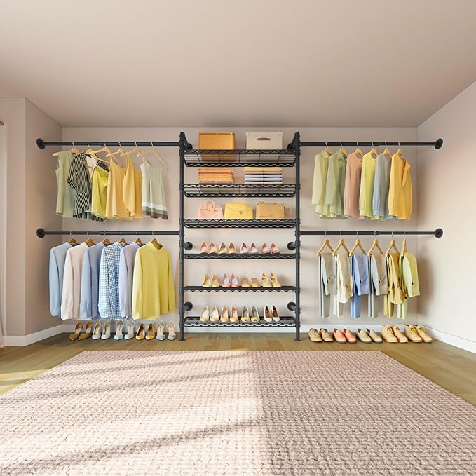 Timate S3X PLUS Closet System, Expandable Wall Mounted Closet with 6 Adjustable Shelves & 4 Expandable Hanger Rods, Industrial Pipe Clothing Rack for Hanging Clothes, Fits Spaces 6'11"- 9'10", Black
