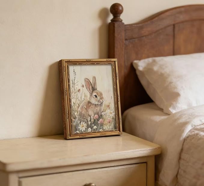 Vintage Gold Framed Bunny Wall Art, Spring Rabbit and Wildflowers Cottagecore Painting Canvas Print, Country Animal Picture Wall Decor, Rustic Farmhouse Floral Poster Artwork for Living Room Bedroom