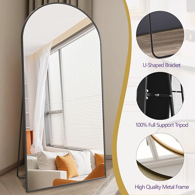 Dewfig Arched Full Length Mirror, 71"x30" Large Floor Mirror, Full Body Mirrors for Leaning or Hanging, Standing Mirrors for Bedroom, Living Room,Dressing Room, Aluminum Alloy Frame, Black