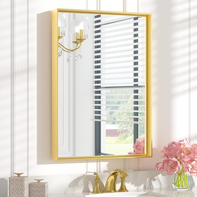 Keonjinn 22 x 30 Inch Gold Bathroom Mirror for Over Sink Brushed Gold Rectangle Wall Mounted Mirror Metal Frame Modern Farmhouse Mirror with Square Corner Framed Mirror(Horizontal/Vertical)