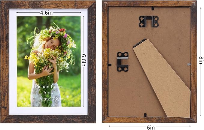 Lyeasw 5x7 Picture Frame 15 Pack, Display Pictures 5x7 with Mat or 6x8 without Mat, Brown Rustic Bulk Photo Frames for Wall or Tabletop