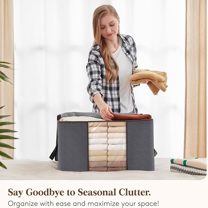 Lifewit Large Capacity Clothes Storage Bag Organizer with Reinforced Handle Thick Fabric for Comforters, Blankets, Bedding, Foldable with Sturdy Zipper, Clear Window, 18 Pack, 90L, Grey