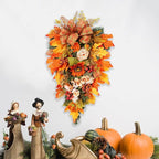 21.7Inch Artificial Fall Harvest Teardrop Swag for Front Door Thanksgiving Teardrop Wreath with Maple Leaves Berry Autumn Floral Swag for Home Wall(No Light)