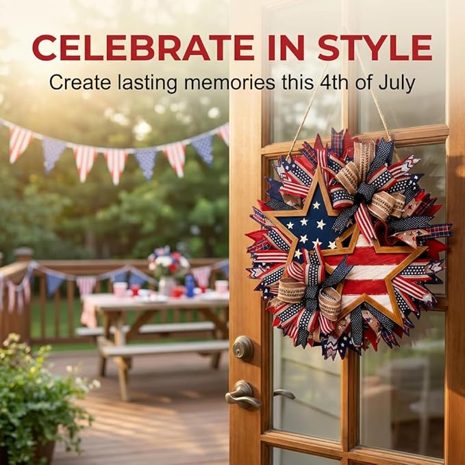 Patriotic Wreaths for Front Door, 250 Anniversary Wreath 4th of Red White and Blue Wreath, Memorial Day Flag Wreaths for Indoor Outdoor Porch Decory Holiday Decorative (#C)