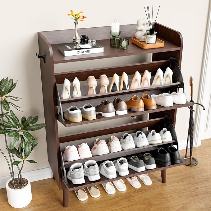 Shoe Storage Cabinet with 2 Flip Drawers, Entryway Shoe Cabinet with 2 Metal Hooks & Adjustable Shelves Freestanding Shoe Organizer Narrow Shoe Rack for Entrance Hallway Foyer Front Door,Rustic Brown