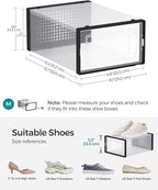 SONGMICS Shoe Boxes, Pack of 18 Shoe Storage Organizers, Stackable Clear Plastic Boxes for Closet, Sneakers, 13.1 x 9.1 x 5.6 Inches, Transparent and Black ULSP18SBKV1