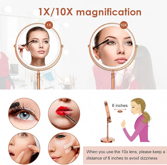 DEIOVWXS Makeup Mirror, 3000mAh Rechargeable Double-Sided Magnifying Vanity Mirror with 3 Colors, 1X/10X, Adjustable Brightness, Gifts for Mom, Mothers Day, Women, Wife, Girls, Dorm Room Essential