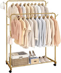 AT-VALY Double Rod Clothing Rack with wheels,Garment Rack for Hanging Clothes,Multi-functional Bedroom Clothes Rack (Gold)