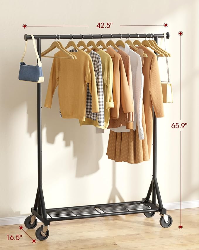 Heavy Duty Stainless Steel Rolling Clothes Rack with Mesh Shelf, Lockable Wheels & Anti-Slip Stoppers, Large Capacity Clothing Organizer for Bedroom, Laundry Room, 42.5" x 16.5" x 65.9", Black