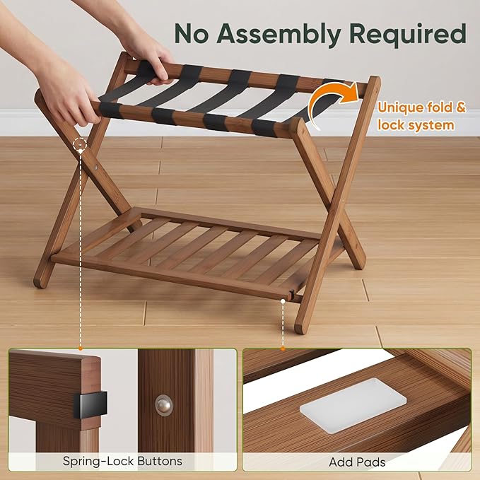 26.77“ Fully Assembled Dark Walnut Luggage Racks with Folable Storage Shelf, 5 Heavy-Duty Straps Bamboo Suitcase Stand, Luggage Holders for Guest Room, Bedroom, Hotel
