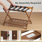 26.77“ Fully Assembled Dark Walnut Luggage Racks with Folable Storage Shelf, 5 Heavy-Duty Straps Bamboo Suitcase Stand, Luggage Holders for Guest Room, Bedroom, Hotel