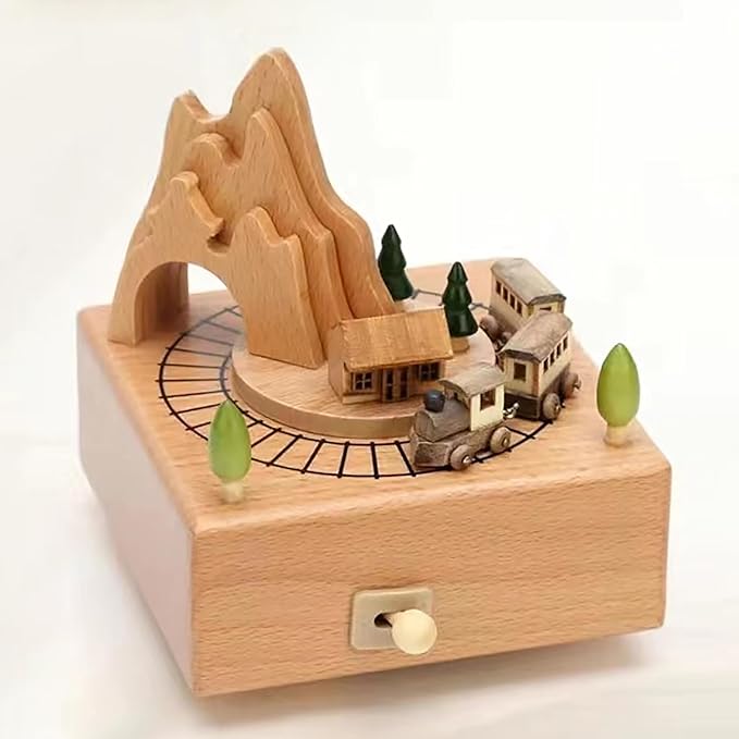 Natural Solid Wood Handcrafted Beech Wooden, Musical FigureTotoro/Carousel/Fairy/Ballerina Figurine,Rotating Hand Crank Mechanism Music Box,Musical Decorations (Mountain and Train)