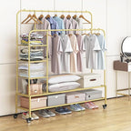 SUOERNUO Garment Rack for Hanging Clothes Rack Heavy Duty Portable with Bottom Metal Shelf Drying Coats Shirt,Black (Gold+Double Rods+Shelf)