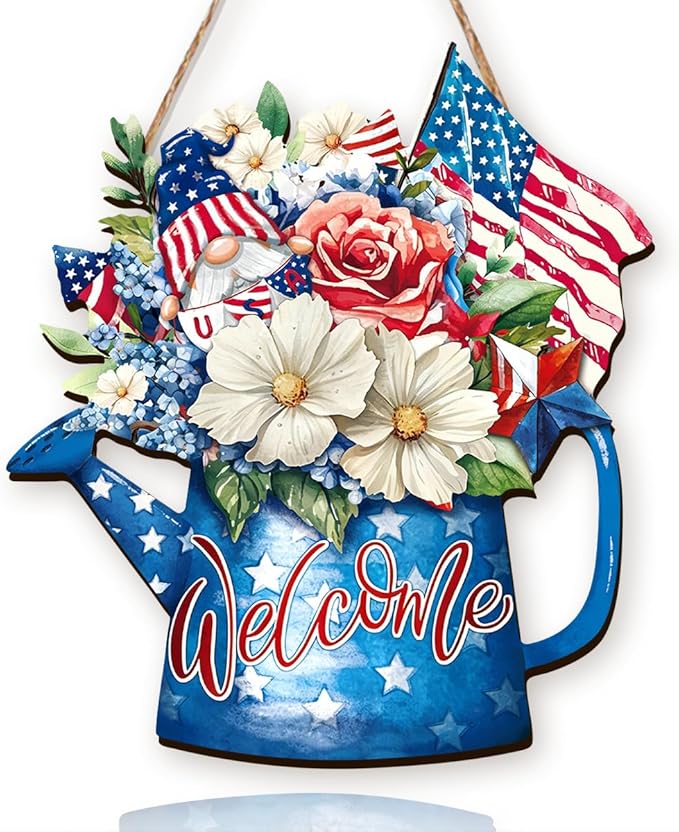 Wooden 4th of July Decorations Patriotic Wreath Independence Day Decorations Front Door with Star Sign Welcome Memorial Day Hanging for Home Wall Decor Outdoor Indoor Red White and Blue Wreath 3