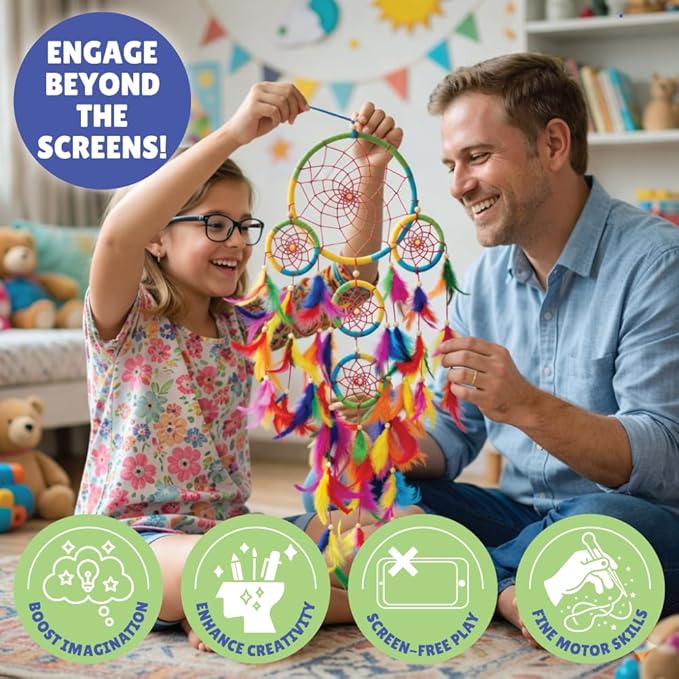 Kalakaram DIY 5 Ring Dream Catcher Making Kit | Create Magical Dream Catcher with Wooden Rings, Feathers, Beads & Colorful Yarns | Room Decor Craft Kit