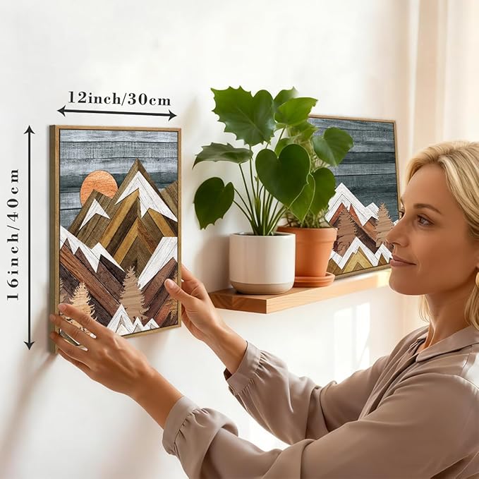 Framed Mountain Wall Art Boho Mountain Wall Decor Modern Nature Artwork 12" Lx16 W Set of 3 Rustic Mountains Wall Pictures Landscape Art Prints Boho Mountain Paintings for Living Room Bedroom Office Farmhouse