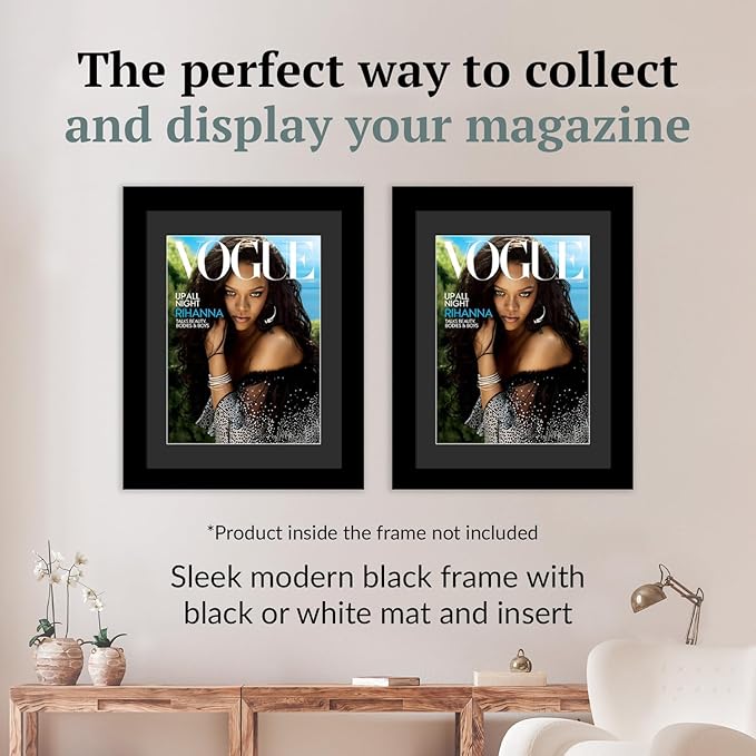 Creative Picture Frames 8.75 x 11.25 Magazine Frame with Full-Strength Glass, Holds Up To A 1/4" Thick Media with Installed Hangers for Easy Mounting, 11x14 Manhattan Black Frame with Black Mat
