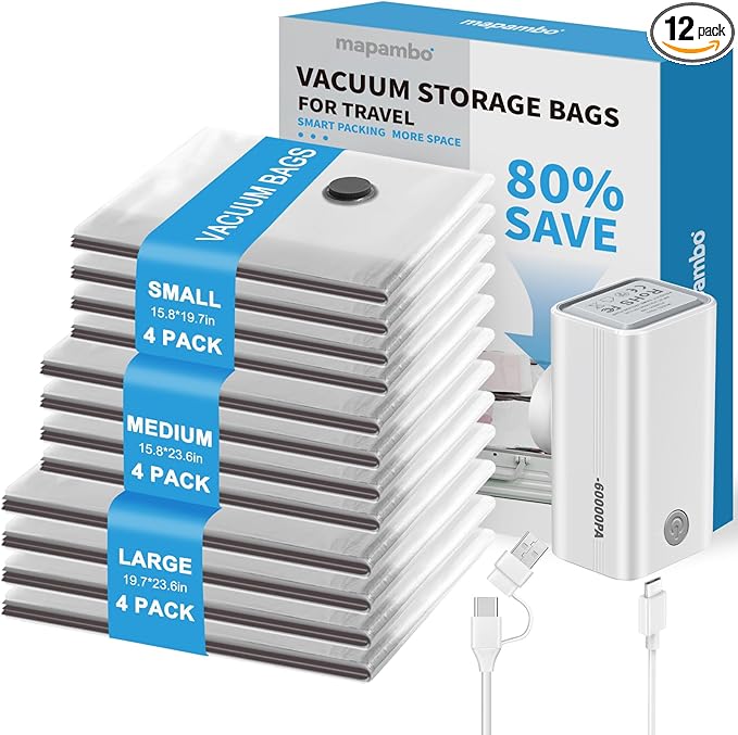 Mapambo Vacuum Storage Bags with -60000Pa USB Pump, 12 Pack Vacuum Seal Bags for Clothing Travel in 3 Sizes, Travel Vacuum Bags with Pump, Saving up to 80% of Luggage Space (12 Combo Size)