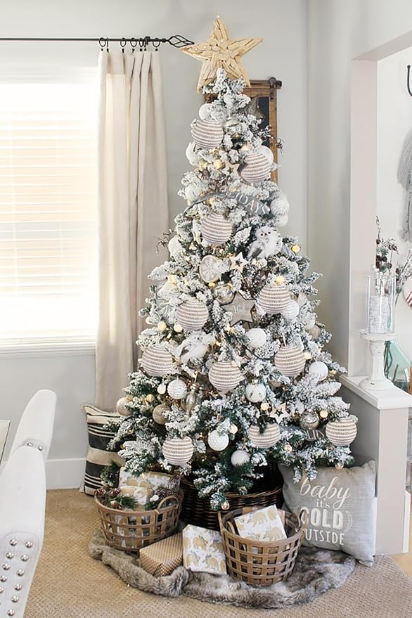 Briful 3.94'' Christmas Balls Ornament Set, 6PCS Large White and Tan Rope Decorative Yarn Balls Xmas Tree Hanging Ornaments with Strings for Xmas Home Decor