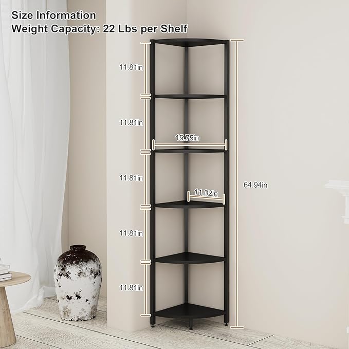 6-Tier Corner Shelf with LED Lights - 65" Tall Narrow Bookshelf, Standing Shelf with Storage Rack, Sturdy Metal Frame & Waterproof Shelves, Rustic Brown, for Living Room/Bedroom/Bathroom