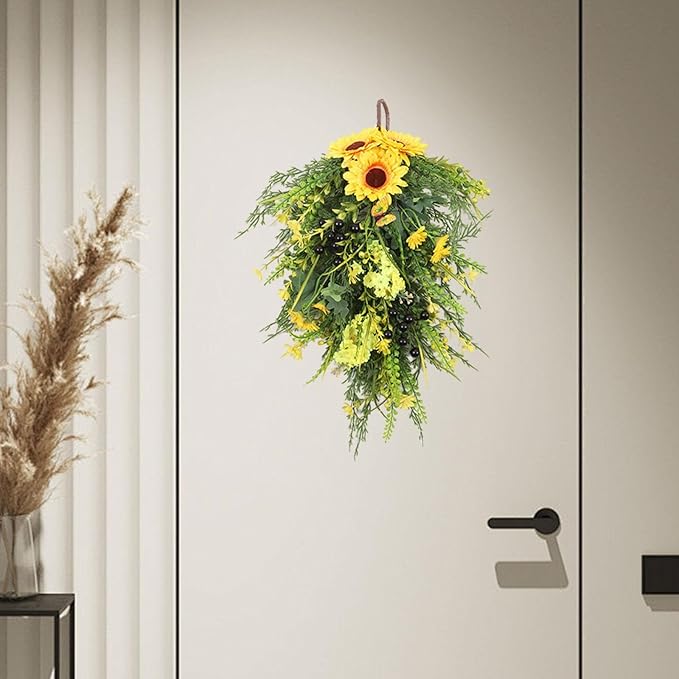 Artificial Flower Teardrop Swag Wreath Handmade with Sunflower Hyacinth Garland Simulation Flowers Hanging Plant Decorative Welcome Sign Suitable for