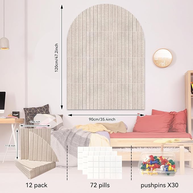 Large Cork Board for Wall & Office Decor, 48" x 36" Arched Felt Bulletin Board Pin Board Vision Board with 30 Pins – 12 Customizable Wall Tiles for Office Home Bedroom,Photo & Picture Display