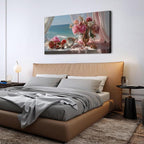 Vintage Pink Flower Wall Art Retro Flowers in Golden Vase Pictures Blue Ocean Coastal Landscape Canvas Prints Blossom Painting Poster Floral Artwork Living Room Bathroom Home Decoration 29.53x57.87"