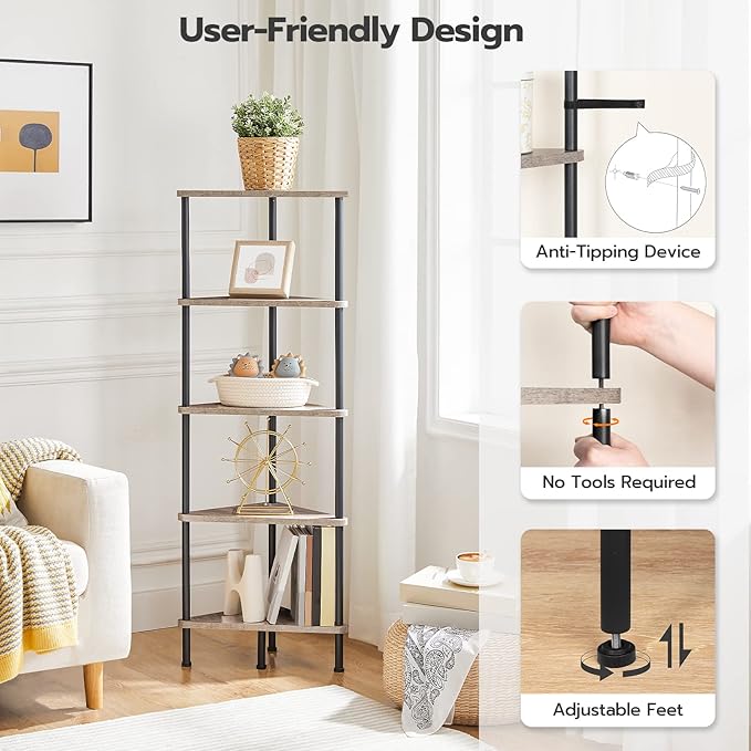 HOOBRO Corner Shelf Stand, Industrial 5-Tier Corner Bookshelf with Metal Frame, Corner Shelf Stand Display Plant Flower, Corner Bookcase for Small Spaces, Living Room, Greige and Black BG33CJ01