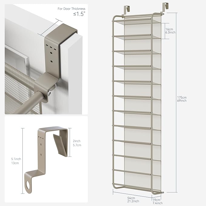 Whitmor 36 Pair Over The Door Shoe Organizer, 12 Tier Hanging Shoe Organizer, Heavy Duty Metal & Mesh Shoe Holder, Hanging Shoe Rack for Closet Organizer & Storage, 69"L x 21.7"W x 7.5"H, Mocha