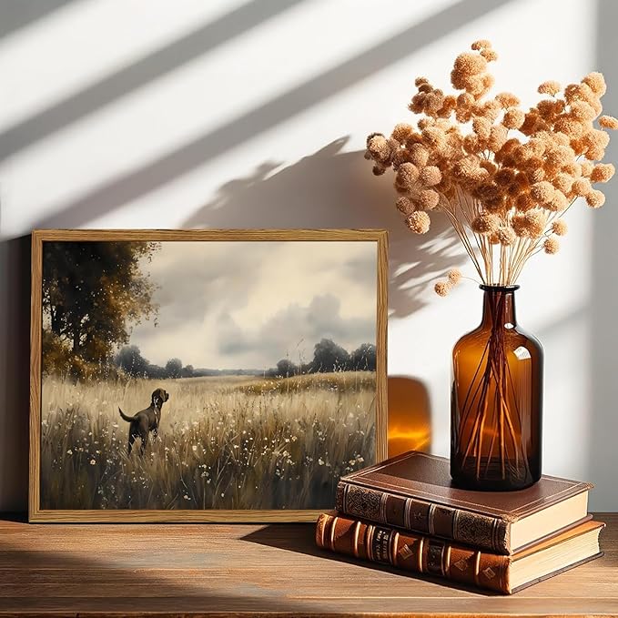 Framed Vintage Hunting Black Dog Wall Art, Rustic Country Landscape Pictures Wall Decor, Farmhouse Animal Paintings Canvas Prints for Home Living Room Bedroom 16x24 inch