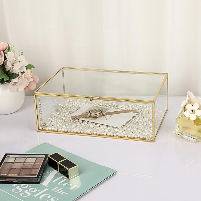 Hipiwe Vintage Glass Keepsake Box - Rectangle Jewelry Display Organizer, Vanity Lidded Home Decor Accent for Storage Trinket Rings Bracelet Rock - X-Large