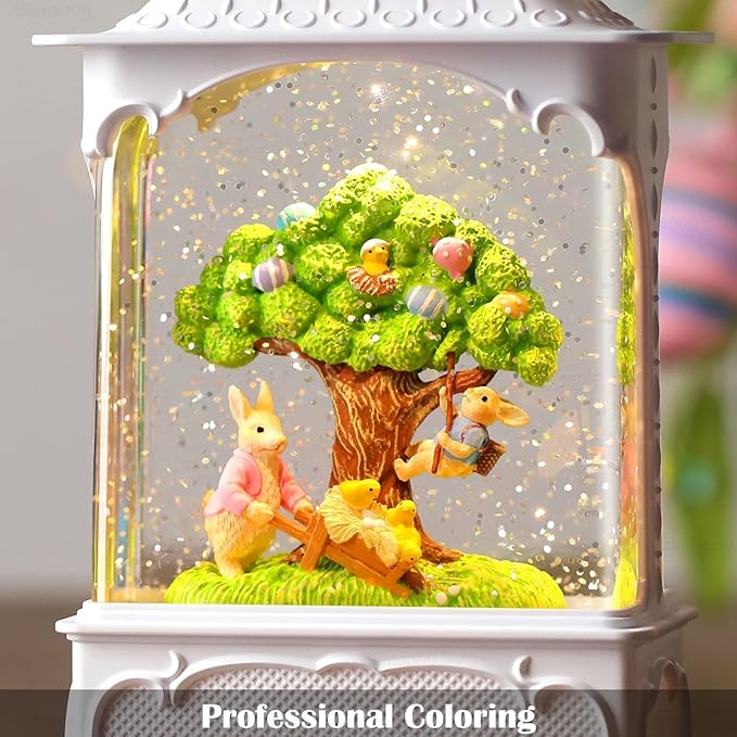 Easter Snow Globe Lantern Bunny Tree with Timer, USB and Battery Powered, Easter Decorations for Home Bunny Eggs Tree Chicken