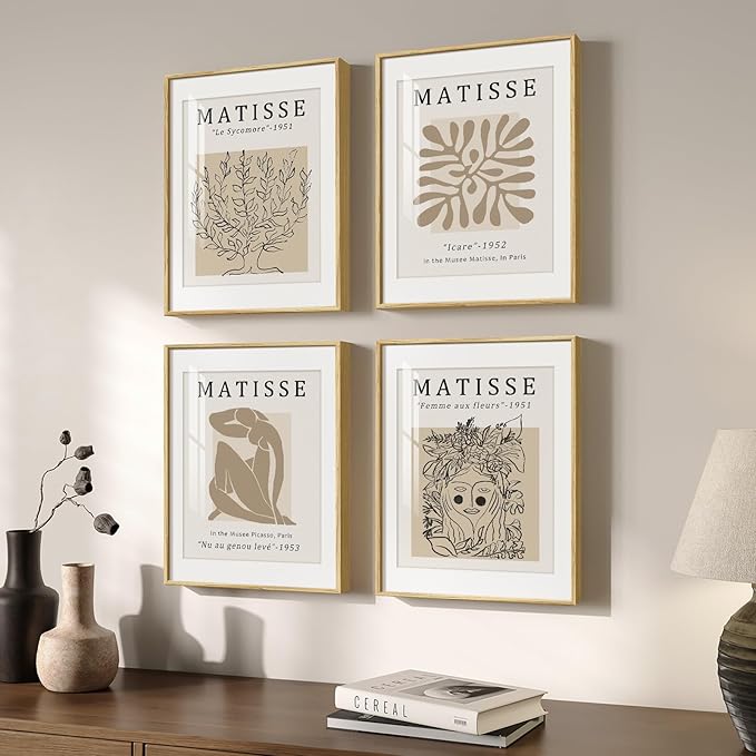Framed Matisse Neutral Wall Art Set of 4, Beige Abstract Modern Minimalist Botanical Prints for Bathroom Living Room Dining Room Bedroom Home Office Decor, 12x16