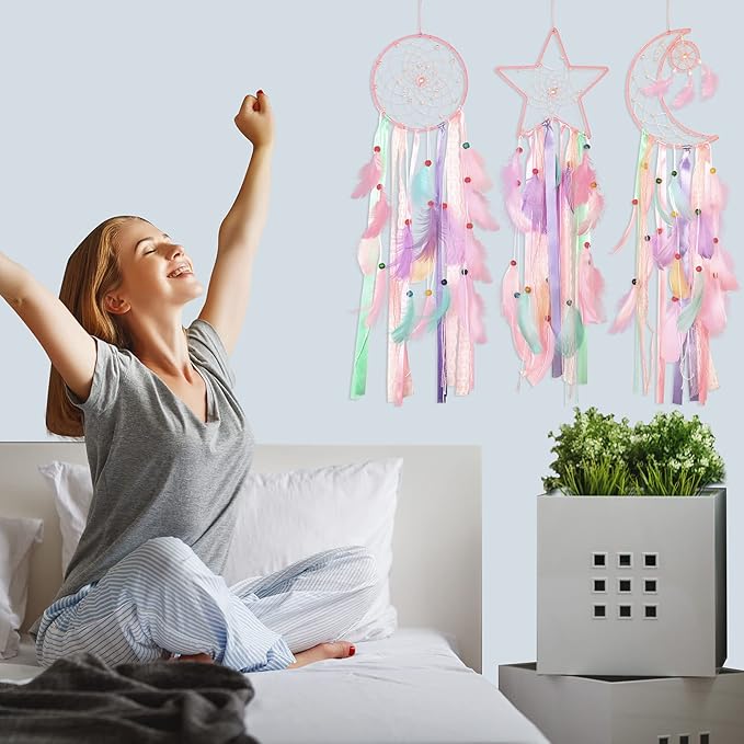 Jetec 3 Pcs Dream Catcher Moon Sun Star Design Handmade Traditional Design Craft Ornament Wall Art Hanging Home Decoration Bedroom Wedding(Pastel Color)