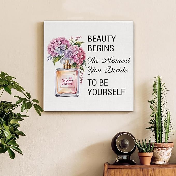Inspirational Pink Flower Wall Art Decor for Powder Room Bedroom Bathroom, Motivational Quotes Wall Decor Canvas Painting Pictures Artwork Gift for Women Teens (8 X 8 Inches, Framed)