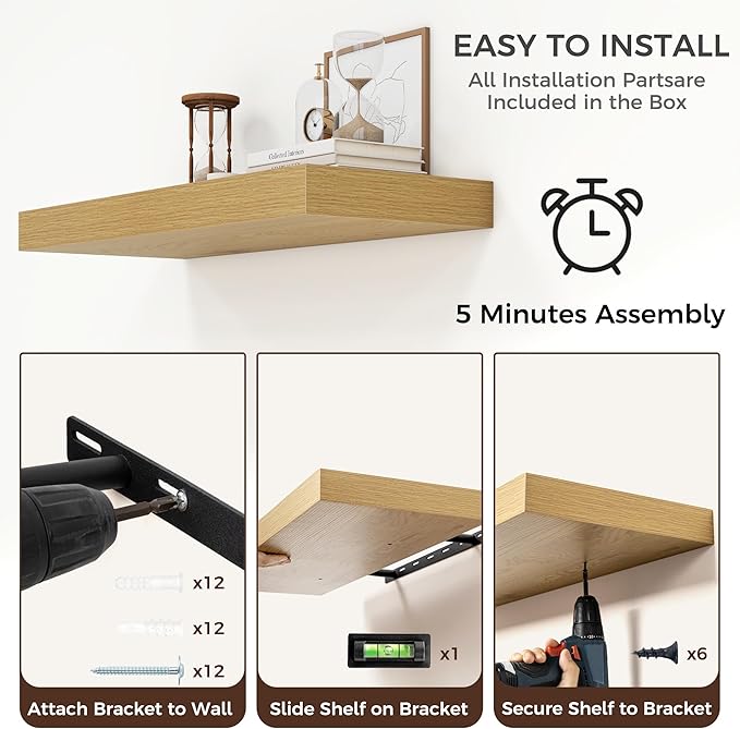 Venusmiles Floating Shelves for Wall, 30" W x 12" D x 2" H, 2 Pack of Long Wall Mounted Engineered Wood Shelves with Invisible Brackets for Living Room, Bedroom, Bathroom, Kitchen Decor, Oak