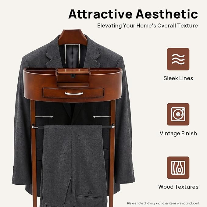 Wood Men Valet Stand with Drawer, Standing Suit Valet Stand, Clothes Organizer Rack for Home Entryway Living Room Bedroom Office, 22lbs Load Capacity(Brown)