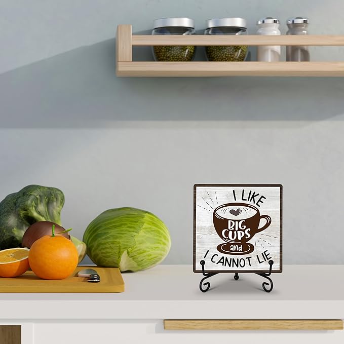 Coffee Bar Decoration, Coffee Decor Sign, I Like Big Cups, Farmhouse Home Kitchen Wooden Plaque with Iron Stand, Coffee Station Decor for Coffee Coner-A10