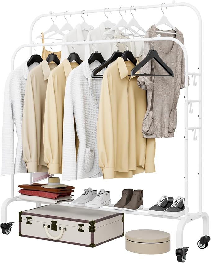 SUOERNUO Garment Rack with Wheels Clothing Rack for Hanging Clothes Multi-functional Bedroom Clothes Rack，White+Double Rods
