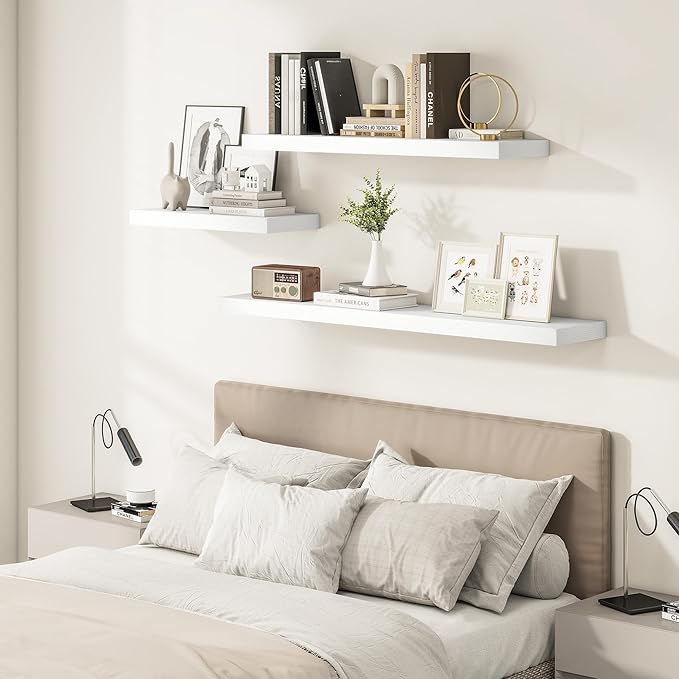 Vivelove 12 Deep Floating Shelves for Wall, 24/36/48/55 Inch Shelves for Room Wall Mounted, 2" Thick Floating Shelf for Living Room Bedroom Bathroom Kitchen Laundry Room, Set of 2 White