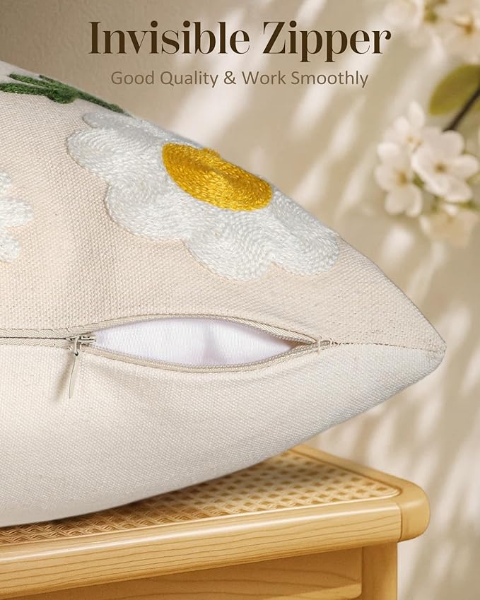 Embroidered Throw Pillow Cover 18x18 Inch - Spring Summer Boho Decorative Pillow Cover with Zipper for Living Room Couch Sofa Bed Aesthetic Design Flower Bee Cushion Pillowcase