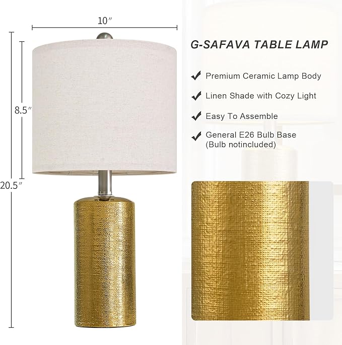G-SAFAVA 20.5" Small Table Lamps for Living Room Lamp Single Ceramic Lamps for Bedroom Bedside Lamps Modern Boho Lamps for Night Stands Farmhouse Nightstand Lamp Side End Table Lamp, Gold