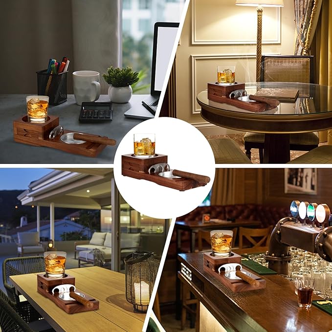 Scotte Ashtray Coaster Whiskey Glass Tray & Wooden Ash Tray with Cigar Cutter, Includes Drawer and Cigar Slot - Great for Home, Office or Outdoor Use (Deep Brown)