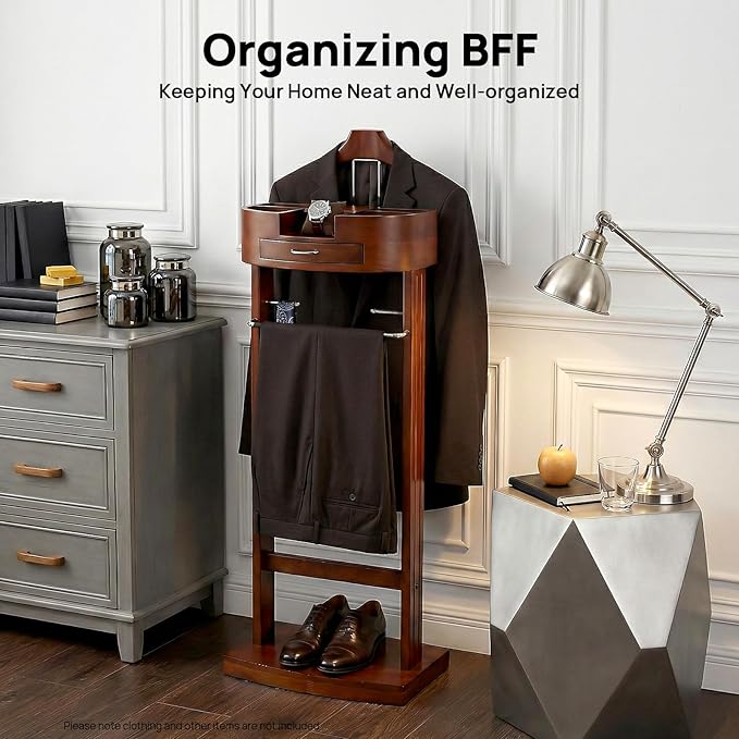 Wood Suit Rack for Man & Women, Freestanding Clothing Valet Stand, Valet Stand Coat Rack Stand for Bedrooms, Living Rooms, Hallways, Brown